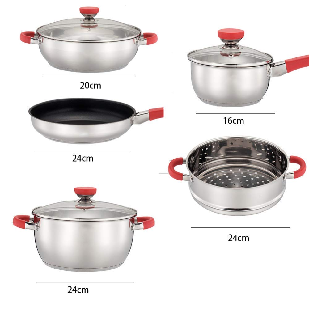 Juego de cacerolas, juego de ollas de 4 piezas, utensilios de cocina de acero inoxidable, con tapa de vidrio templado, mango cómodo, olla antiadherente, apto para cocina de inducción de gas, material