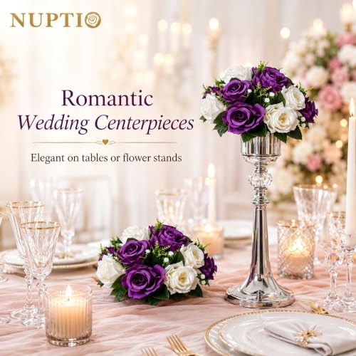 Image of NUPTIO Flower Balls Centerpieces for Tables: 6 Pcs Purple White Fake Roses