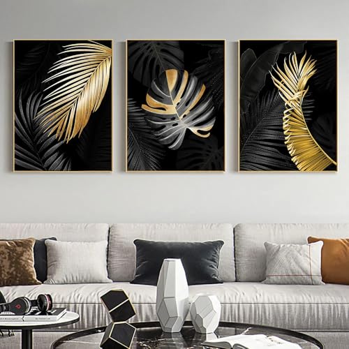 Decoración sala de estar y cocina con cuadros abstractos botánicos en lienzo triple