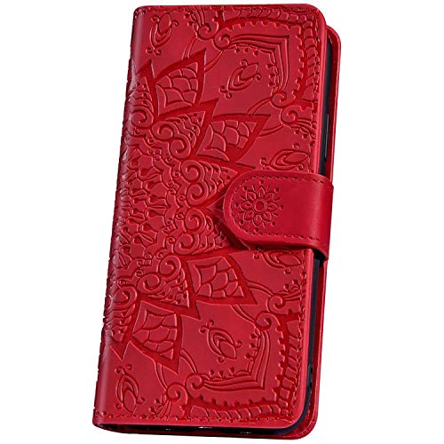 JAWSEU Handyhülle für Xiaomi Pocophone F1 hülle Handytasche,Mandala Blumen Motiv Muster Leder hülle Flip Case Schutzhülle Brieftasche Klapphülle Wallet Bookstyle Tasche Magnet Kartenfach,Rot