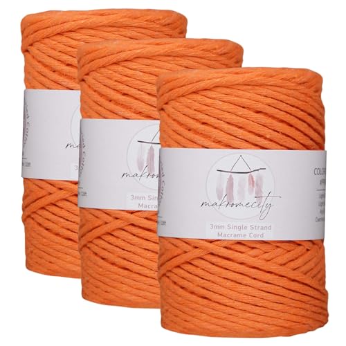 Makromecity, 3 Skeins of Single Strand Macrame Cord 3 mm x 100 Yards (300 feet) 3mm Single Strand Natural Cotton Cord for Macrame Art & Crafts for Wall Hangings Recycled Cotton (Orange, 3 Skeins)