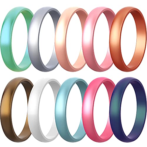 Zollen 10 Packs Silicone Rings for Women, 5.5 MM Metallic Rubber Wedding Bands Stackable Ring