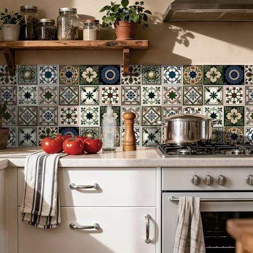 Azulejos Adhesivos Cocina Azul Verde Sol Azulejos Adhesivos Baño Impermeables Baldosas Adhesivas Pared para Gabinete Muebles Decoración Vinilo Adhesivo Pared Cocina 15x15cm /24 Piezas
