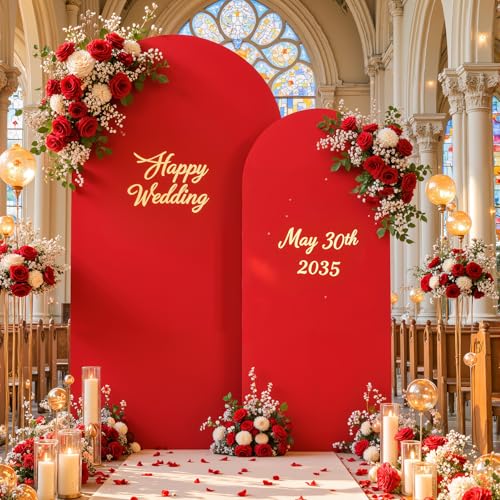 Image of Red Arch Cover 2 Set-7.2 and 6ft Red Arch Backdrop Cover Spandex Fitted Christmas Arch Stand Covers Stretchy Backdrop for Birthday Party Baby Shower Bridal Shower Wedding Banquet Photo Background