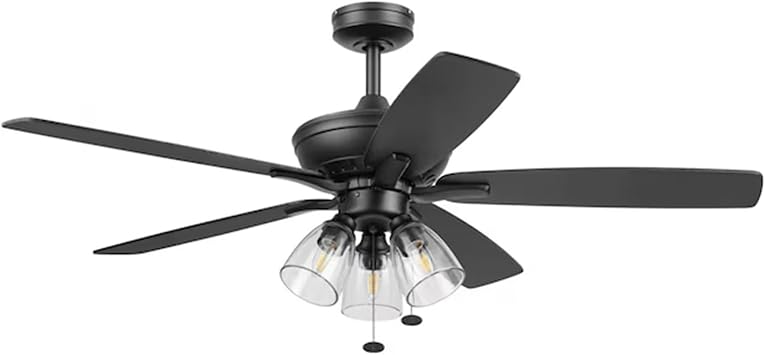 Prominence Home Glenmont, 52" Indoor LED Ceiling Fan, Pull Chain, Tri Mounting Options, Dual Finish Blades and Reversible Motor, Matte Black, 53045