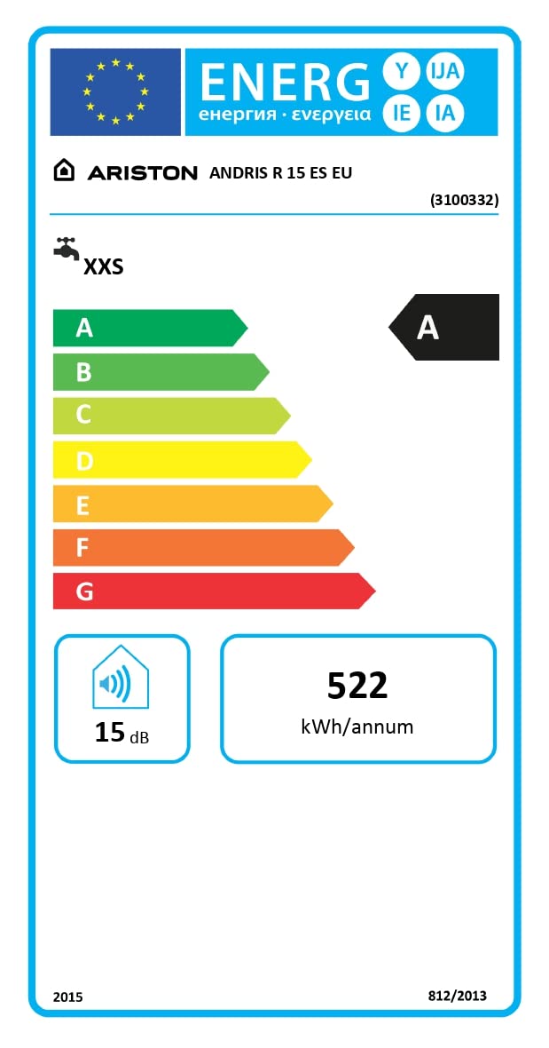 Ariston Andris R - Termo Eléctrico 15 Litros Potente, Calentador de Agua Eléctrico Vertical con Tamaño Reducido 41,8x37,7x35,2 cm, Fabricado para Instalación en España