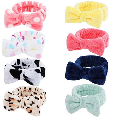 8 Pack Spa Headband Facial Makeup Headband, Coral Fleece Cosmetic Headband Face Wash Headband, Bow Hair band for Washing Face Terry Cloth Headbands for Women and Girls (Color B)