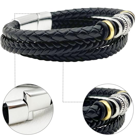 Leather Bracelets for Men 5pcs, Fashion Men's Bracelet Leather and Steel Braided Wrap Cuff Wirstband Bracelets with Closure Bangle Gift for men3