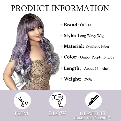 OUFEI Long Ombre Purple Wig With Bangs Natural Wavy Wigs for Women Natural Synthetic Hair Heat Resistant Wigs for Daily Party Cosplay Wear - Image 2