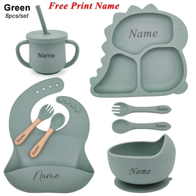 Personalized Baby Name Dinosaur Feeding Set 8Pcs, Custom Name Baby Silicone Weaning Set, Feeding Set With Name BPA Free