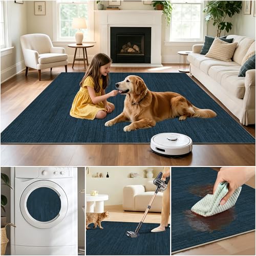 Tapis de salon bleu moderne 200 x 270 cm lavable et antidérapant - 8