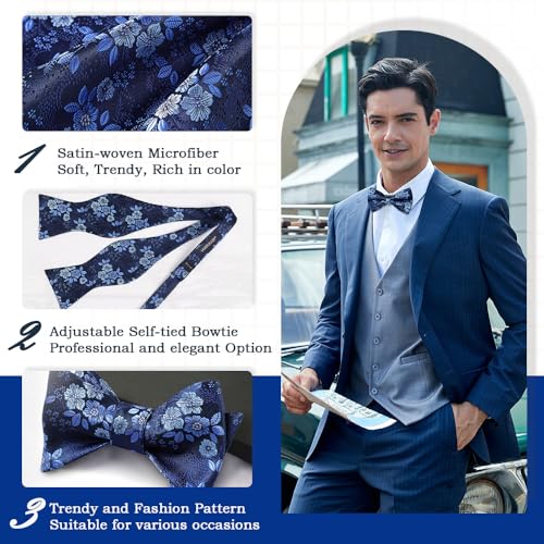 HISDERN Bow Ties for Men Navy Blue Floral Self Tie Bow Tie and Pocket Square Classic Bowties Formal Business Tuxedo Wedding Bowties Handkerchief Set - Thumbnail 2