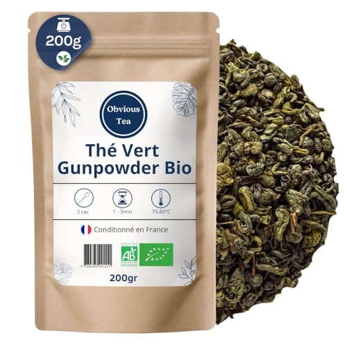 Thé Vert Gunpowder Bio - Thé Vegan en Vrac Riche en Caféine, 100% Naturel, Sans OGM - Agriculture Biologique - Conditionné en France - Sachet 200 gr (100 Tasses)