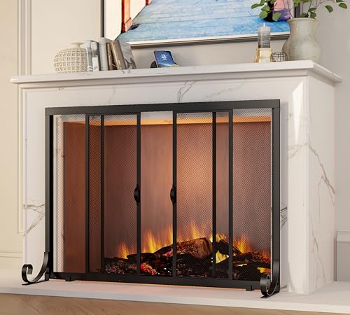 Fire Beauty Fireplace Screen, Wrought Iron Mesh, Baby Safe Spark Guard Protector with 2-Doors Large...