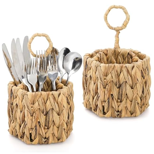 Hiceeden 2 Pack Woven Utensil Caddy with Handle, 3 Compartments Silverware Holder Organizer for Countertop, Water Hyacinth Rustic Flatware Cutlery Caddy for Picnic, Party, Buffet
