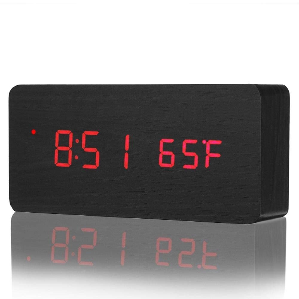 Réveil numérique LED en bois rouge avec contrôle sonore et thermomètre USB