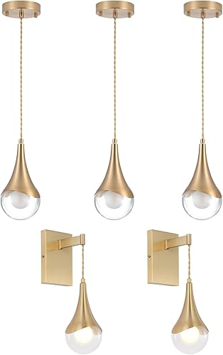 Paquete de 3 lámparas colgantes doradas para isla de cocina, modernas lámparas colgantes de latón con globo de vidrio transparente, juego de 2