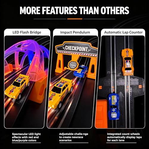 Image of Slot Car Race Track Sets with 4 High-Speed Racing Slot Cars Electric Dual Racing Game with 2 Controllers Circular Overpass Track Featuring Flash Bridge Pendulum Gifts Toys for Boys Kids Age 6 7 8-12