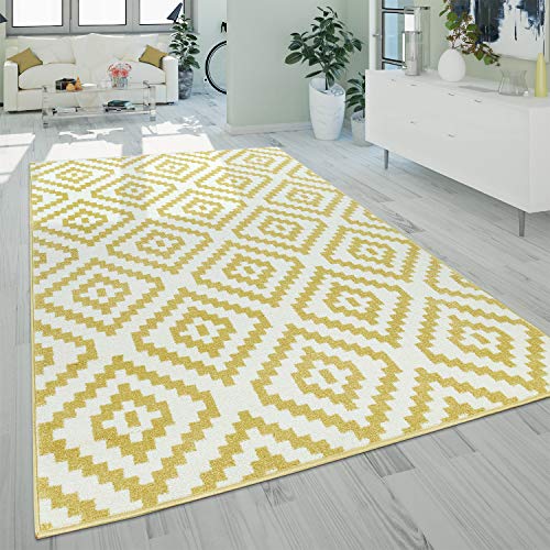 Paco Home Alfombra para Salón, Pasillo En Distintos Diseños, Colores Y Tamaños, Pelo Corto, tamaño:70x250 cm, Color:Amarillo-Blanco
