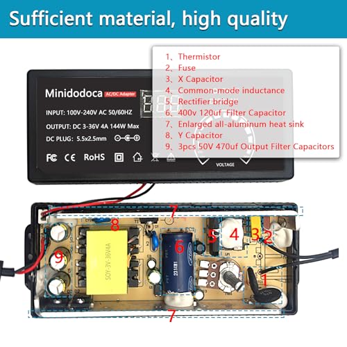 144W Power Supply Adjustable DC 3V ~ 36V Variable Universal Switching AC/DC Adapter Minidodoca AC to DC Converter with LED Voltage Display and 16 Tips, for 3V to 36V Household Electronics - 4000mA Max4