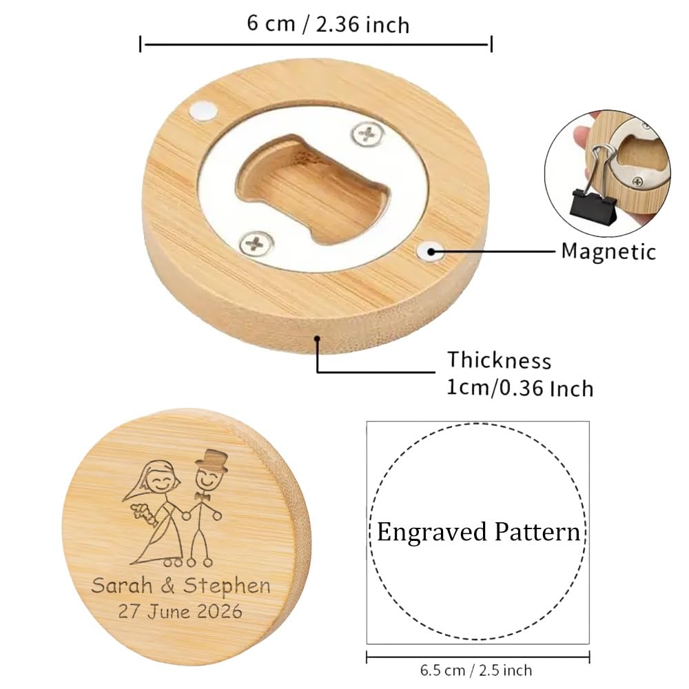 Abridor Magnético Personalizado A Granel Para Regalos De Boda, Con Nombre Y Fecha Grabados, Abridor/Posavasos Redondo 2 En 1 De Madera Para Cerveza, Refrescos, Bares Y Fiestas De Cumpleaños(50pcs)