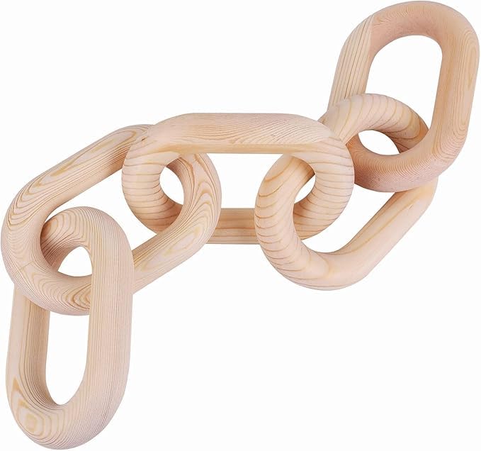 JOHN'SDECOR Hand-Carved Wooden Chain Link Decor - Rustic 5-Link Knot for Modern Farmhouse, Boho, Living Room - Decorative Ornament for Coffee Table, Shelf, Home Décor (Beige)