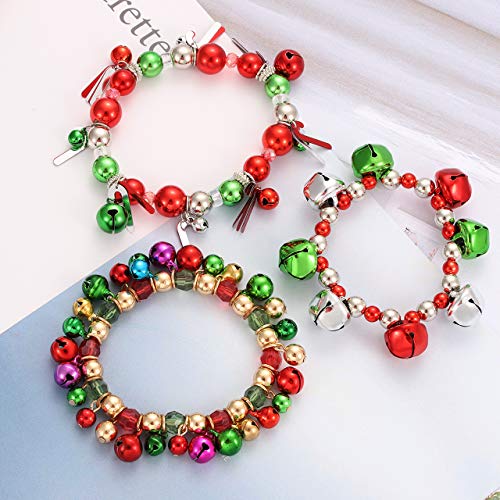HEIDKRUEGER 3pcs Christmas Jingle Bell Bracelets Xmas Multi Color Beaded Charm Stretch Bracelet Christmas Holiday Party Favors for Women Jewelry Gift3