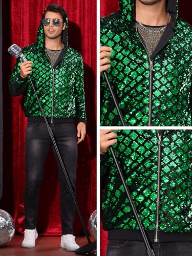 Image of Lars Amadeus Argyle Sequins Jackets for Men's Long Sleeves Metallic Shiny Hooded Disco Jacket
