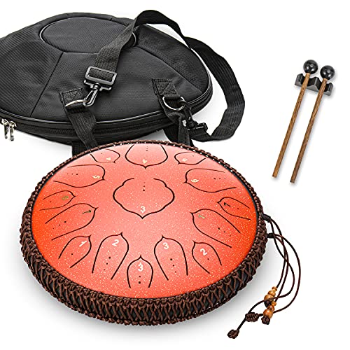 Amkoskr Stahlzungentrommel, 14 Zoll 35 cm Steel Tongue Drum, D-Dur 15 Noten, Handtrommel HandPan Drum mit Drumsticks/Tragetasche(Rot) - Image 6