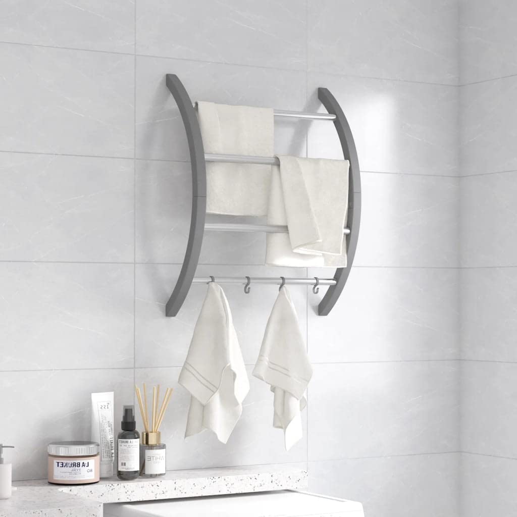 Handtuchhalter mit Haken silbern aus Aluminium 56x16x72 cm Wandmontage platzsparend mit 4 Stangen und Haken für Handtücher Wäscheaufhängung Bad Balkon Camping