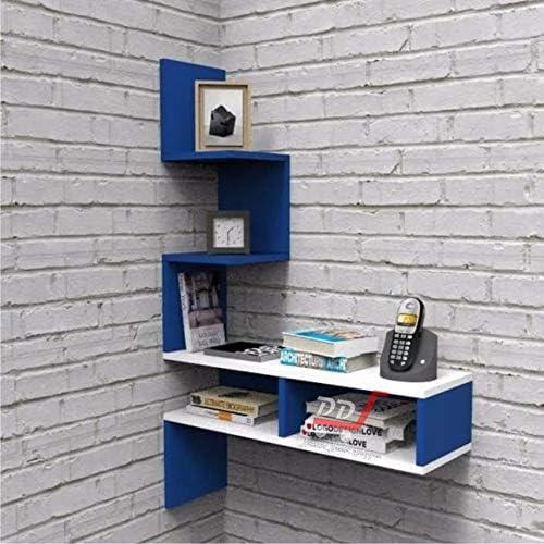 Image of Engineered Wood Big Zigzag Corner Wall Shelf for Living Room and Home Decor (White Combination) (Blue & White)