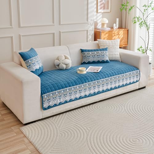 Image of HOKIPO 'BelleLace Series' Imperial Milk Velvet Sofa Cover Mat for 1 Seater Sofa, Lace Design, Celadon Blue (AR-5962-BL*1)
