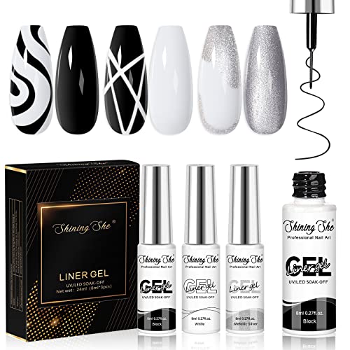 Shining She Esmalte Semipermanente Gel Liner,3 Colors Negro Plata Blanco Pintauñas Semipermanentes Soak Off UV Para DIY Nail Liner Art Manicure Salon,8ML