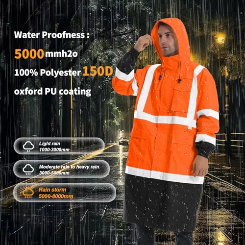 Image of Hi Vis Rain Jacket with 3M Reflective Stripe,High Visibility Class 3 Rain coats,Safety Waterproof Rain Suits for Men with Hood and 2 Large Pockets construction work rain gear(Orange 2XL)