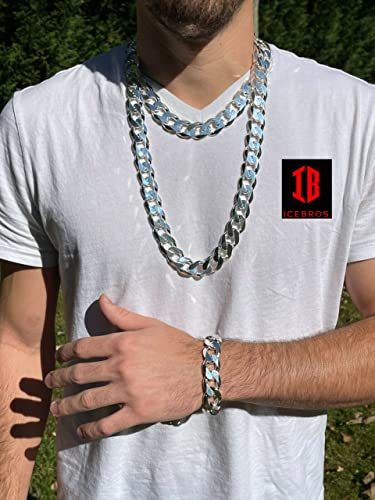 Icebros 925 Silver Men's Hip Hop Miami Cuban Curb Link Bracelet (18Mm) (Width 18Mm, Length 8.5", Plain 925 Silver) #TOP2