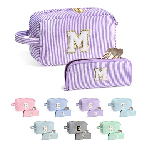 YOOLIFE 2 Pack Personalized Initial Monogram Makeup Bag, Trendy Stuff for Teen Girls Kids, Travel Toiletry Bag, Cosmetic Cases, Birthday Gifts for Women