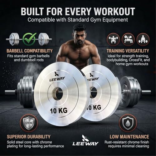 Image of Leeway Calibrated Steel Weight Plates (7.5kg x 2) | 51mm Olympic Barbell Plates for Home Gym & Powerlifting | Solid Steel Construction | Gym Weights for Strength Training & Workouts (Chrome, 7.5kg)