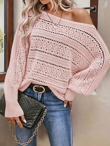 Image of Cakulo Womens Off Shoulder Crochet Sweater Top 2025 Fall Fashion Batwing Long Sleeve Sweaters Outfits Light Pink L