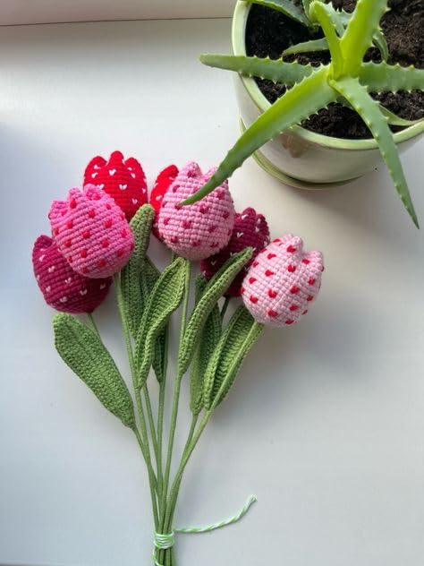 Crochet Tulip Bouquet, Handmade Knitted Flowers in Pink and Red | Handcrafted Decor, Artificial Flowers, Green Stem Leaves, Heart Pattern Design, Home or Table Decor-image-44