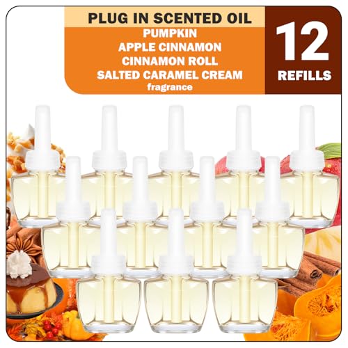 SCENTORINI Doftoljeflaska, påfyllning, kompatibel med Air Wick och Glade doftplugg, 12 x 19 ml, pumpa, äppelkanel, kanelsnigel, saltad karamellkräm rumsdoft, luftfräschare, rum doftolja