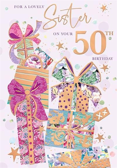 Words 'n' Wishes Sister's 50th Birthday Card, Rose Gold Foil Finish, Presents Design
