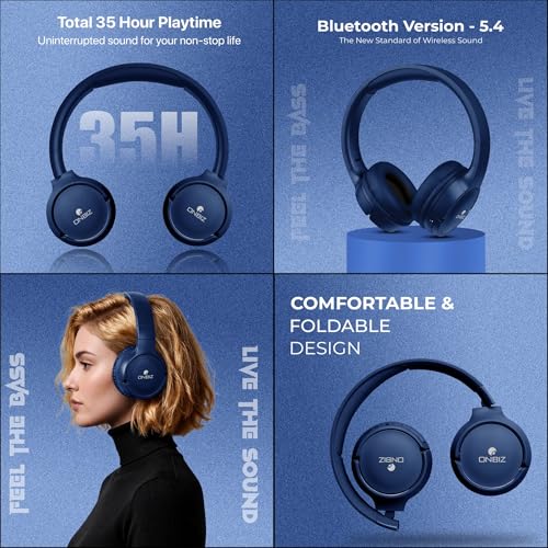 Image of Wireless Bluetooth 5.4 Over-Ear Headphones, Blue, 35 Hour Playtime, 40mm Bass Boosted Drivers, IPX4, Foldable