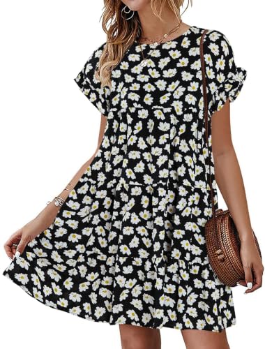 Image of Imysty Womens Boho Floral Ruffle Sleeve Babydoll Loose Flowy Casual Summer Pleated Mini Dress