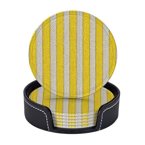 Yellow-White Knitted Fabric with Stripes Premium Leather Coasters, Set of 6 with Holder, Stylish...