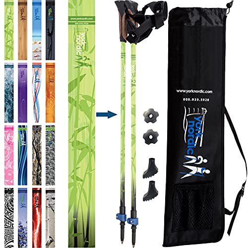 York Nordic Walking Poles - Classic Nordic Grips - Lightweight, Adjustable, and Collapsible -2 Pieces Adjustable w/flip Locks, Detachable feet and Travel Bag (Green Zen)