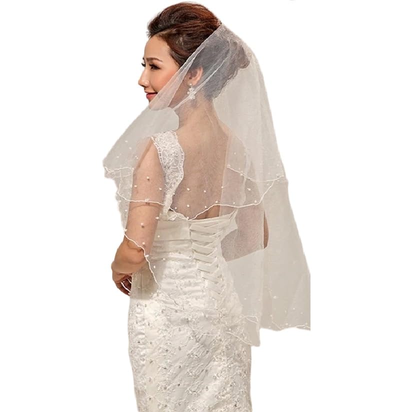BUY SKY Economical Luxury Medium Bridal Veil Pearls Glued Beige or White 150 cm-image-42