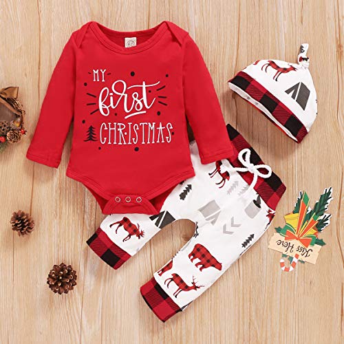 Pasgeboren Meisje Jongen Mijn Eerste Kerst Outfit Set Bodysuit Broek Hoed Baby Baby Kerst Kleding Set - Afbeelding 3