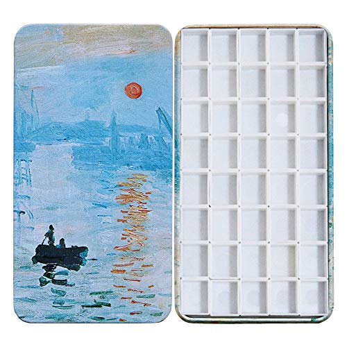FCLUB Watercolor Palette Paint Tin Case with 40pcs White Plastic Empty Watercolor Half Pans Carrying Magnetic Attachments - Artists Painting Palette for DIY Watercolor Travel Palette