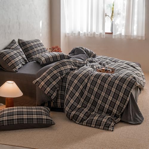 Image of VM VOUGEMARKET Vintage Buffalo Plaid Duvet Cover Queen,Double Layer Cotton Jacquard Bedding Set with Grey Gingham Pattern,Soft Breathable Reversible Duvet Cover with Zipper Closure