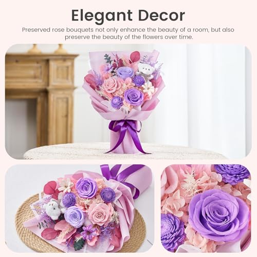 Polylove Forever Flowers Bouquet Flowers Fresh Bouquet Purple Roses Bouquet Real with Bear Flower Gift for Her Valentines Day Mothers Day Graduation Birthday - Thumbnail 5